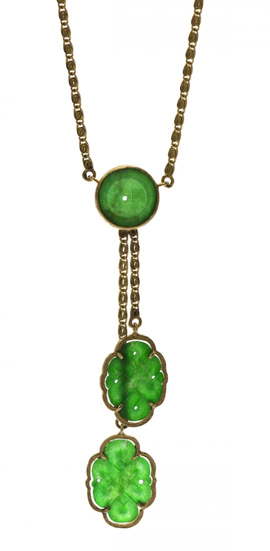 Carved jadeite and 18k yellow gold necklace Mason-Kay: Carved jadeite and 18k yellow gold necklace composed of two carved jadeite endless knot plaques measuring 14.7 x 10.7 x 0.7 mm, suspending from a central carved jadeite coin measuring approximately 10