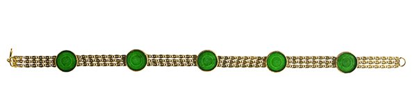Carved jadeite and 18k yellow gold bracelet Mason-Kay: Carved jadeite and 18k yellow gold bracelet composed of five carved jadeite coins, each measuring 9.0 x 0.7 mm, accompanied by a Mason-Kay Jadeite Authenticity report, stating Natural Jadeite Jade - N