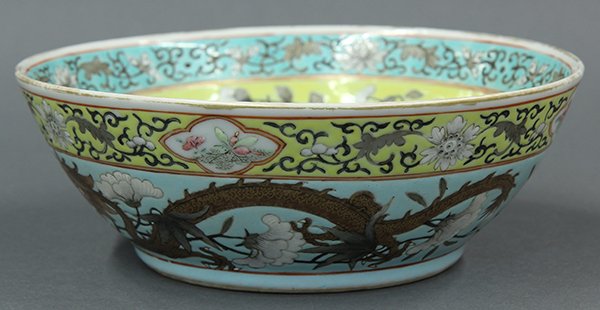 Chinese Porcelain Bowl, Dragons, Guangxu Mark: Chinese enameled porcelain shallow bowl, late Qing/early Republic period, decorated with two gilt dragons meandering amid white flowers on a pale blue ground, below a yellow floral band with reserves,
