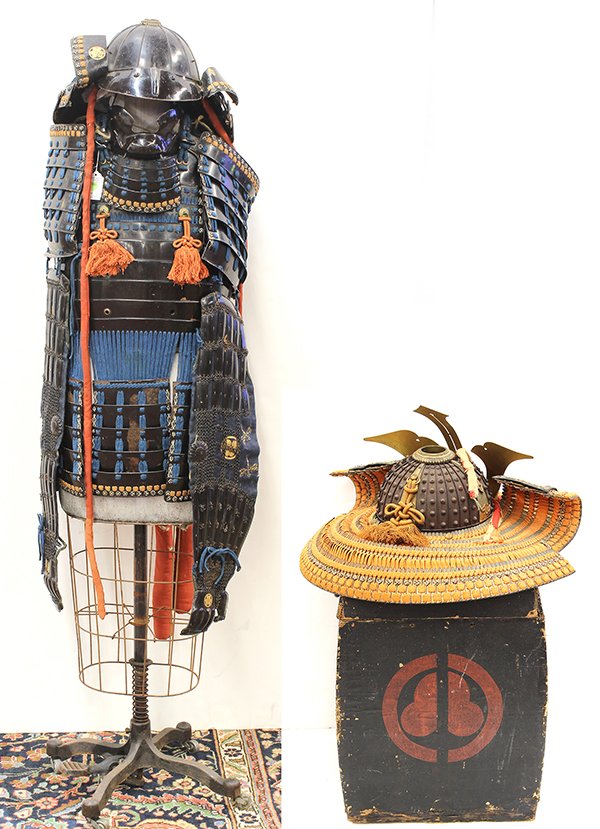 Japanese Samurai Armor Set, Edo Period: (lot of 2) Japanese armor, set of iron plates laced together with dark blue silk cords, with gilt 'maruni katabami' crests, consisting of chest plates, chainmail sleeves with gauntlets, kabuto, hanpo 