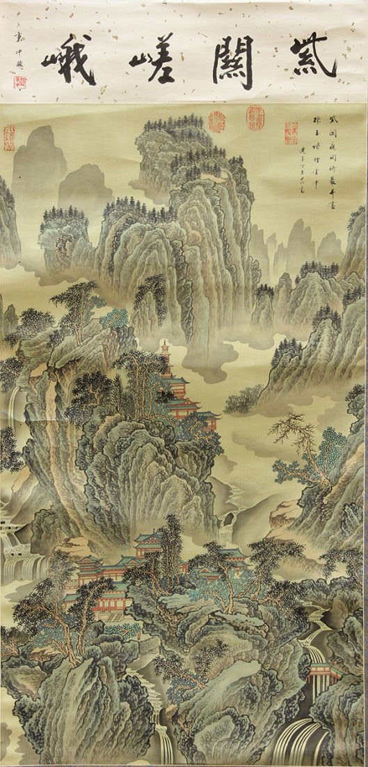 Chinese Scroll, Landscape: Chinese hanging scroll, Pavilions in Mountain Landscape, 20th century, ink and color on silk, the upper right with colophon, dingwei, bearing signature Fan Kuan and seals, painting: 46"h x 25.5"w, ove