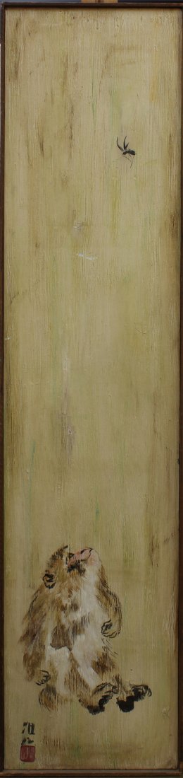 Japanese Painting on Wood Panel, Monkey: Japanese painting on wood panel, of monkey and wasp, lower left with the signature and seal, overall: 73"h x 16.5"w
