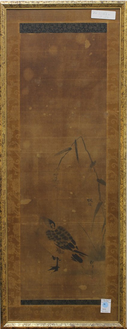 Japanese Scrolls, Kano School, Edo Period: Pair of mounted scrolls, possibly by Kano Naganobu (Japanese 1785-1828), Edo period, ink and color on silk, depicting a wild goose, signature and seal, 41"h x 16"w; Provenance: Unaccessioned items fro