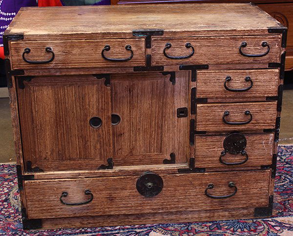 Japanese Small Tansu Chest: Japanese kodansu, light kiri wood, two drawers on top, center with double sliding doors comprising a shelf inside, above a drawer, 18.75"h x 23.75"w x 11.75"d