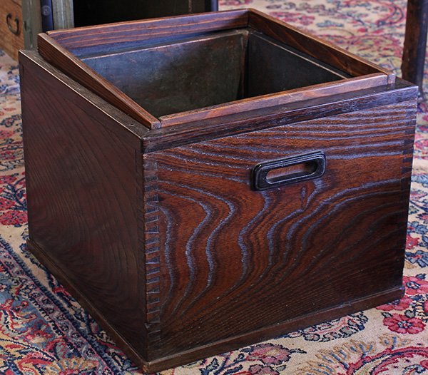 Japanese Wooden Hako Hibachi, 19c: Japanese hako (box) hibachi, late 19th century, keyaki (zelkova) with copper lining, 12.75"h x 15.75"w x 14.75"d