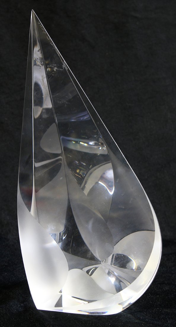 Christopher Ries crystal sculpture: Christopher Ries crystal sculpture, executed in clear and satin polished optic crystal in the shape of a sail, signed 'Christopher Ries 10/15/95', with a black velvet covered revolving stand; 11.5"h x