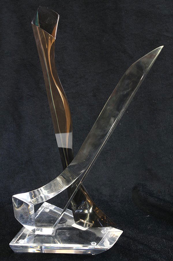 Modernist abstract sculpture by Hivo G. van Teal: Modernist abstract sculpture by Hivo G. van Teal (Dutch/American, 20th Century), executed in clear and smoked acrylic, with two sinuous wing forms set at angles on a clear base, signed 'Van Teal' on b