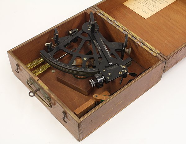 US Navy NAV BU Mark II Sextant, circa 1940,: US Navy NAV BU Mark II Sextant, circa 1940, manufactured by the David White Instrument Company of Milwaukee, in a fitted case