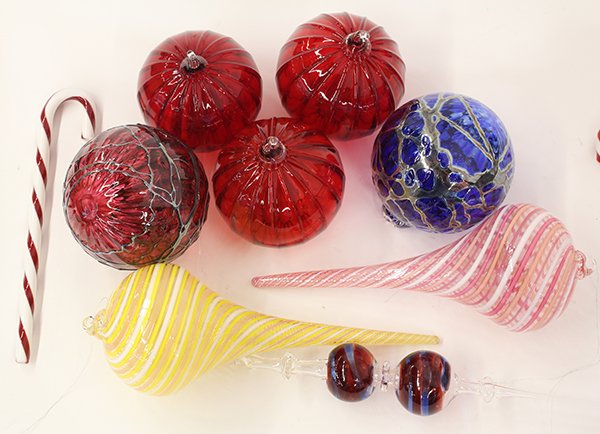 (lot 0f 10) Art glass ornament group, each hand blown: (lot 0f 10) Art glass ornament group, each hand blown example with an organic form executed in multiple colors, largest 5"l; Provenance: From the estate of Edward Gerber