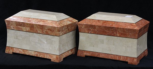 Pair of marble and brass mounted caskets, of: Pair of marble and brass mounted caskets, of rectangular shape, tiled in alternating bands of peach and cream marble tiles divided by thin brass bands, the whole rising on bracket feet, 9.5"h x 14"w x