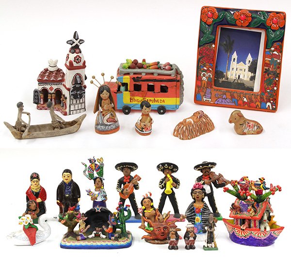 (lot of 35) Oxacan clay figures: (lot of 35) Oaxacan clay figures, including figures of every day life, mariachis, mermaids, and an elaborate clay and metal mirrored frame depicting the garden of Eden, largest; 16"h x 12'w