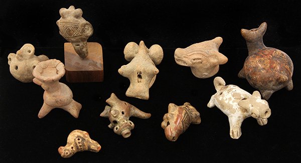 Ancient and authentic Pre-Columbian ocarinas: (lot of 10) Ancient and authentic Pre-Columbian ocarinas (whistles), Costa Rica and Meso-America including Mexico, 200 BC-AD 1000, consisting of polychromed zoomorphic examples, tested to play well, l