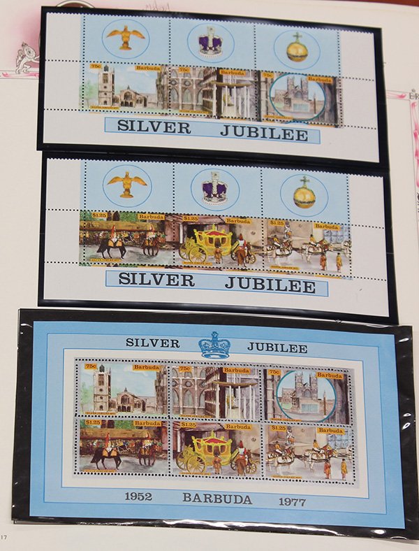 (lot of 5 binders and 1 box) Stamp group: (lot of 5 binders and 1 box) Stamp group, including first day covers, albums on Queen Elizabeth II Silver Jubilee, 1981 British Royal Wedding; and mostly used U.S. stockcards