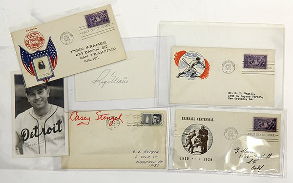 (Lot of 8) First Day cover group, including (3) 1939: (Lot of 8) First Day cover group, including (3) 1939 Baseball centennial cacheted 1st Days; (1) Crosby; (1) Gundel; Roger Maris autograph on file card; Casey Stengel on N.Y. Worlds Fair envelope; Earl