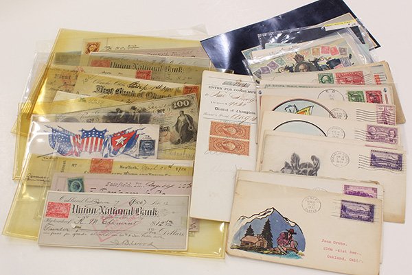 (Lot of over 35) One bag of stamps: (Lot of over 35) One bag of stamps, including (8) Handpainted and/or colored 1930's cachets including 1937 Alaska 1st day, (2) M. Yuen covers, flying witch cancel Ed,Ky 10/31/34; Fallen Timber cachet 