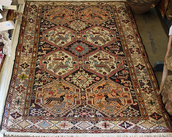 Turkish Soumak carpet, having repeating medallions with: Turkish Soumak carpet, having repeating medallions with peacocks, 6'4'l x 3'11"; Provenance: From the estate of Edward Gerber