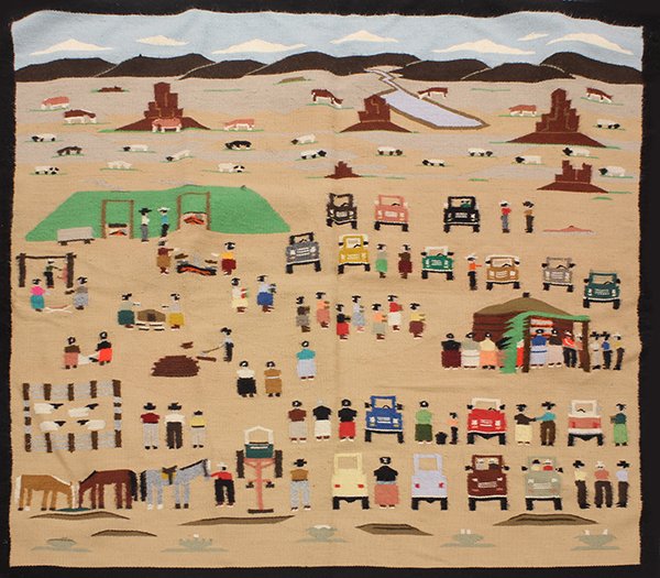 Navajo pictorial flat weave rug, 'The Squaw Dance', by: Navajo pictorial flat weave rug, 'The Squaw Dance', by Sheila Begay, depicting a modern day ceremonial scene and retaining the original tag, 4'6"h x 4'2"w; Provenance: From the estate of Edward Gerber