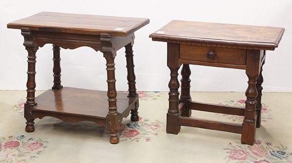 (lot of 2) Spanish Revival tabourets: (lot of 2) Spanish Revival tabourets, early 20th century, one executed by Granada, model 110-2, in oak, with an overhanging top with butterfly accents, and rising on turned legs, 22"h x 24"w x 14"d, t