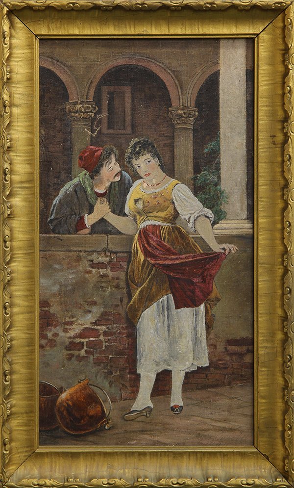 19th C. Continental School Painting: Continental School (19th century), The Courtship, oil on linen, signed and dated indistinctly lower right, overall (with frame): 19.25''h x 11.25''w