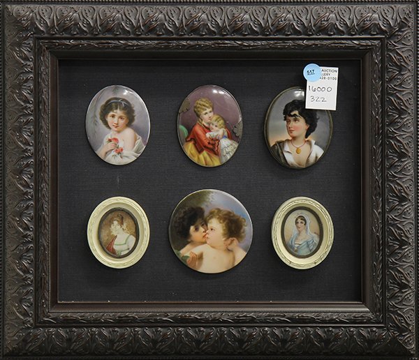 Six Miniatures: Continental School (19th century), Group of six miniatures, oil on porcelain, overall (with frame): 15''h x 17.25''w
