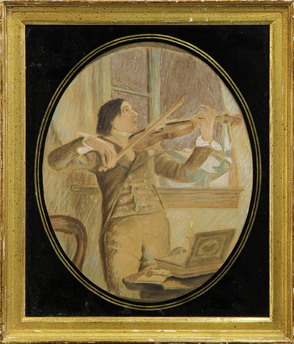 Continental School Drawing: Continental School (early 20th century), The Violinist, pastel on paper, unsigned, overall (with frame): 14.5''h x 12.5''w