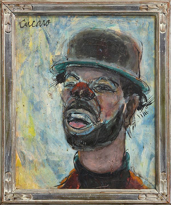 Painting, Pascal Cucaro: Pascal Cucaro (American, 1915-2004), Portrait of a Clown, mixed media on board, signed upper left, overall (with frame): 23''h x 19.25''w