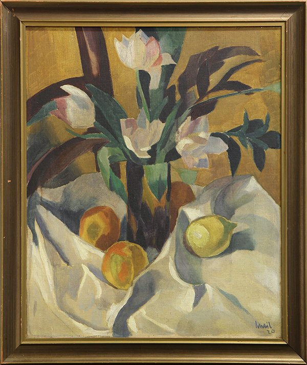 Painting, Still Life with Flowers, Lemon and Peaches,: European Modernist School (20th century), Still Life with Flowers, Lemon and Peaches, 1920, oil on board, signed indistinctly and dated lower right, overall (with frame): 27.5"h x 23.5"w