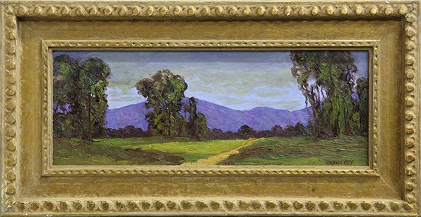 Painting, Jesse Don Rasberry: Jesse Don Rasberry (American, b. 1940), Eucalyptus and Purple Mountain, oil on canvas board, signed lower right, overall (with frame): 13.25"h x 26"w