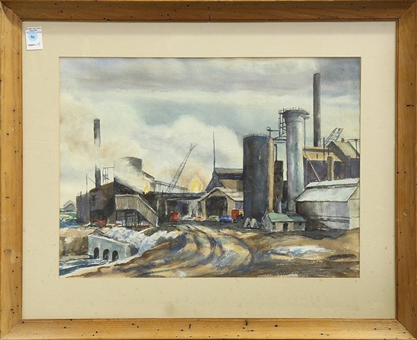 Watercolor, Industrial Landscape: American School (20th century), Industrial Landscape, watercolor, signed "Marion Scott" lower right, overall (with frame): 27"h x 33"w