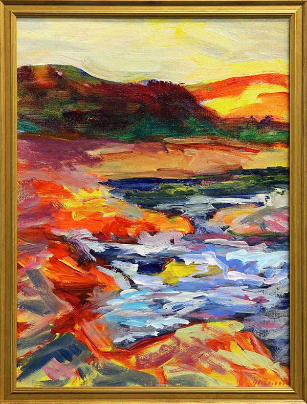 Painting, Juan Guzman-Maldonado: Juan Guzman-Maldonado (American/Chilean, b. 1948), "Aliso Creek" oil on masonite, signed lower right and verso, titled verso, overall (with frame): 17"h x 13"w