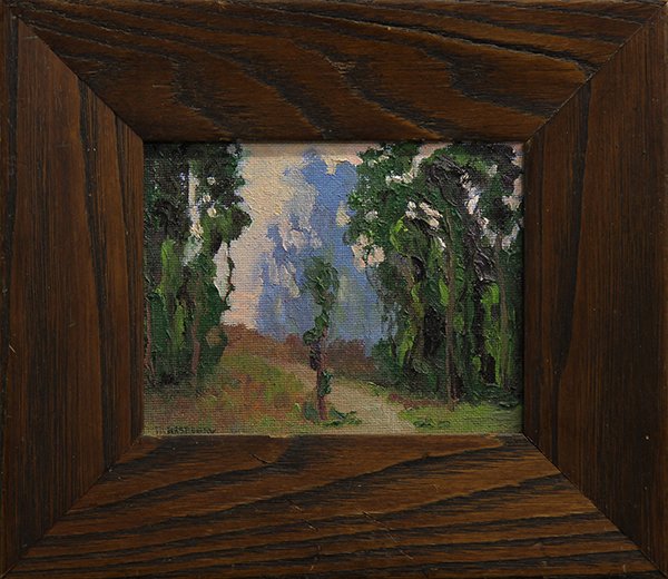 Painting, Jesse Don Rasberry: Jesse Don Rasberry (American, b. 1940), Eucalyptus Grove, oil on canvas board, signed lower left, overall (with frame): 8.25"h x 9.5"w