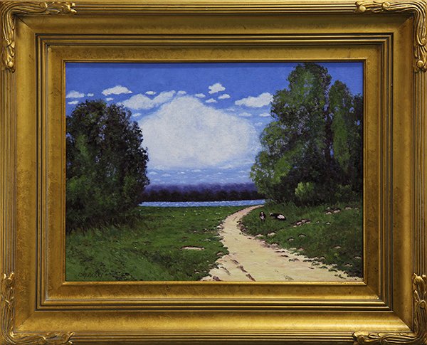 Painting, Jesse Don Rasberry: Jesse Don Rasberry (American, b. 1940), Clouds over the River and Cattle, oil on canvas, signed lower left, overall (with frame): 28.25"h x 33.5"w