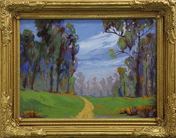Painting, Jesse Don Rasberry: Jesse Don Rasberry (American, b. 1940), Path Through the Eucalyptus Grove, oil on canvas board, signed lower left, overall (with frame): 12.25"h x 15"w