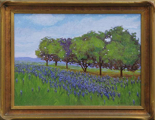 Painting, Jesse Don Rasberry: Jesse Don Rasberry (American, b. 1940), Trees and Lupine, oil on canvas board, signed lower right, overall (with frame): 15.5"h x 19.5"w