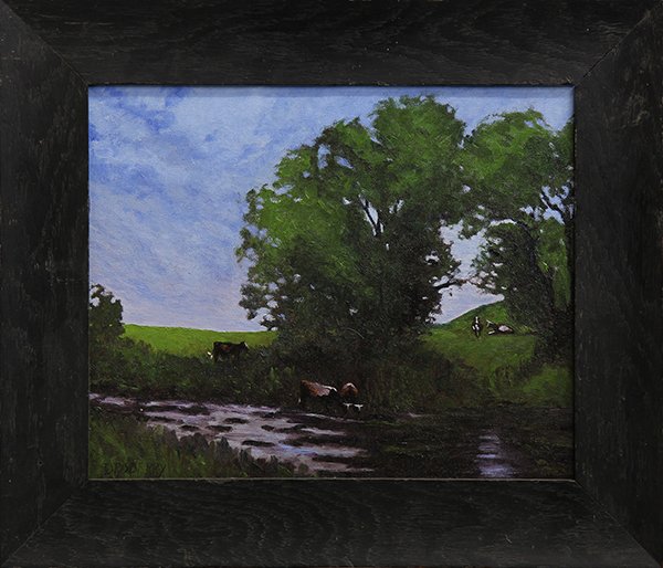 Painting, Jesse Don Rasberry: Jesse Don Rasberry (American, b. 1940), Landscape with Cattle by a Pond, oil on canvas board, signed lower left, overall (with frame): 17.5"h x 20.25"w