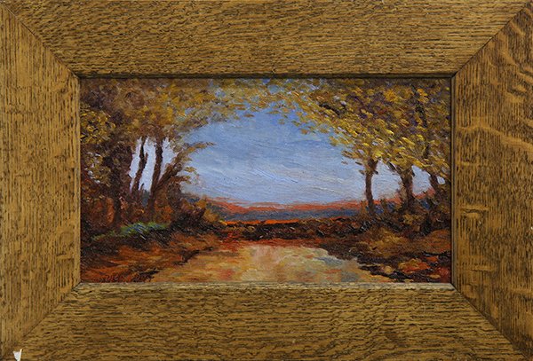 Paintimg, Jesse Don Rasberry: Jesse Don Rasberry (American, b. 1940), Sunset Clearing, oil on canvas board, signed lower left, overall (with frame): 13.5"h x 19.5"w