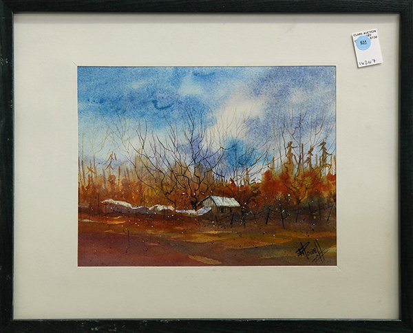 Watercolor, Farm in Autumn: Farm in Autumn, watercolor, signed "Powell" lower right, 20th century, overall (with frame): 17.25"h x 21.25"w
