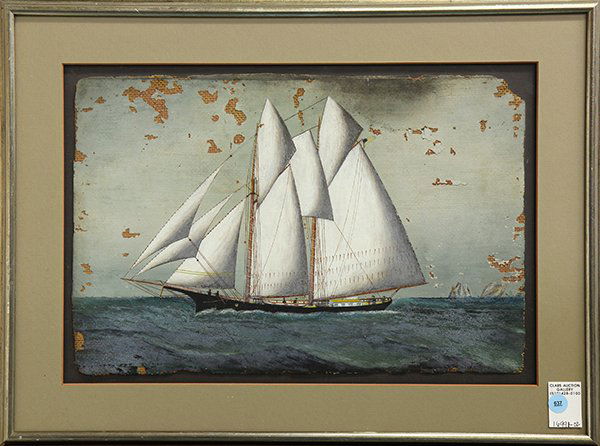 Painting, American Maritime School (19th century): American Maritime School (19th century), Ship Under Sail, oil on burlap, unsigned, overall (with frame): 18"h x 23.75"w