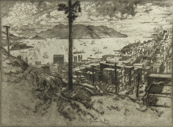 Print, Joseph Pennell, From Telegraph Hill, San: Joseph Pennell (American, 1858-1926), "From Telegraph Hill, San Francisco," 1912, etching, from an edition of 40, image: 9"h x 12.25"w, overall (with frame): 19"h x 21.5"w. Provenance: Barclay Simpson