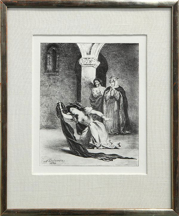 Print, Eugene Delacroix, Le Chent D'Ophelie, from: After Eugene Delacroix (French, 1798-1863), "Le Chent D'Ophelie, from Hamlet" 1834, later reprint, lithograph, signed lower left within plate, image: 10"h x 8"w, overall (with frame): 18"h x 15"W.
