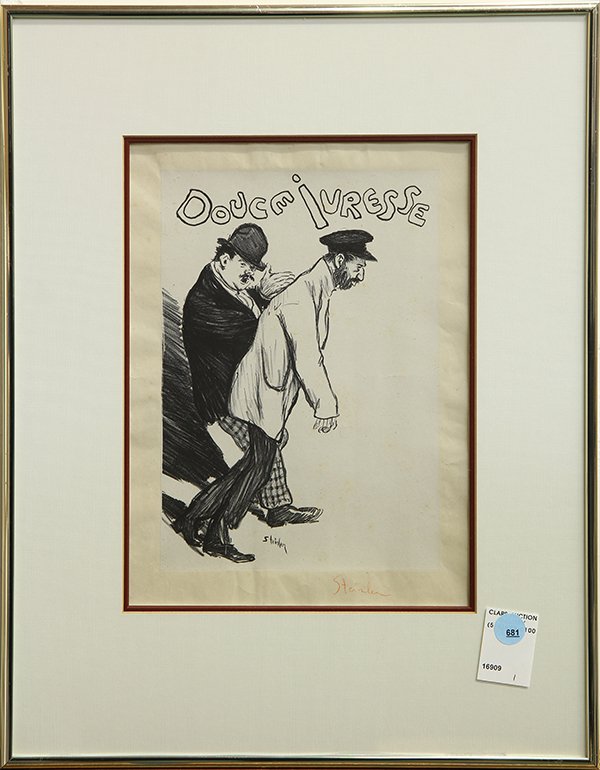 Print byThéophile Alexandre Steinlen: Théophile Alexandre Steinlen (French/Swiss, 1859-1923), "Douce Ivresse (Mellow Drunks)," 1893, lithograph, 1st state of 2, pencil signed in red lower right, also signed within plate, overall (with fr