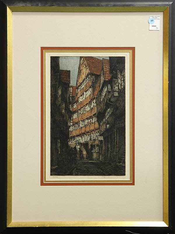Print, Luigi Kasimir, Hamburg: Luigi Kasimir (Austrian, 1881-1962), Hamburg, hand-colored etching, pencil signed lower right, edition 92/100, overall: 28.5"h x 21.5"w