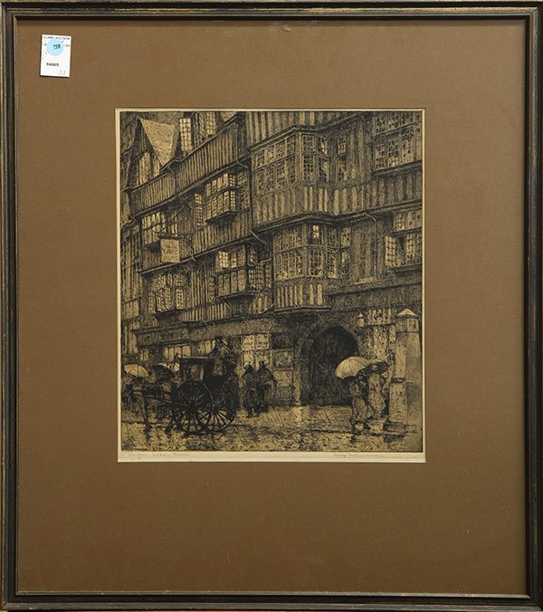 Print, Luigi Kasimir, Ye Olde Tuffe Shoppe: Luigi Kasimir (Austrian, 1881-1962), Ye Olde Tuffe Shoppe, etching, pencil signed lower right, titled indistinctly lower left, overall: 26.5"h x 23.5"w