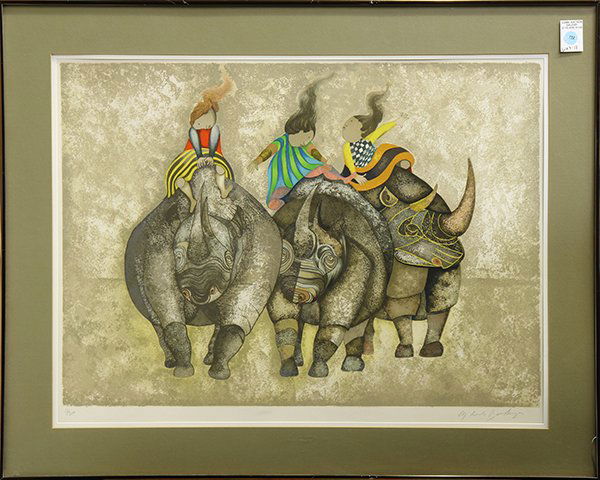 Print, Graciela Rodo Boulanger, Trios Rinoceros: Graciela Rodo Boulanger (Bolivian, 1935), Trios Rinoceros, lithographs in colors, pencil signed lower right, edition 12/200, overall: 27.25"h x 34.25"w