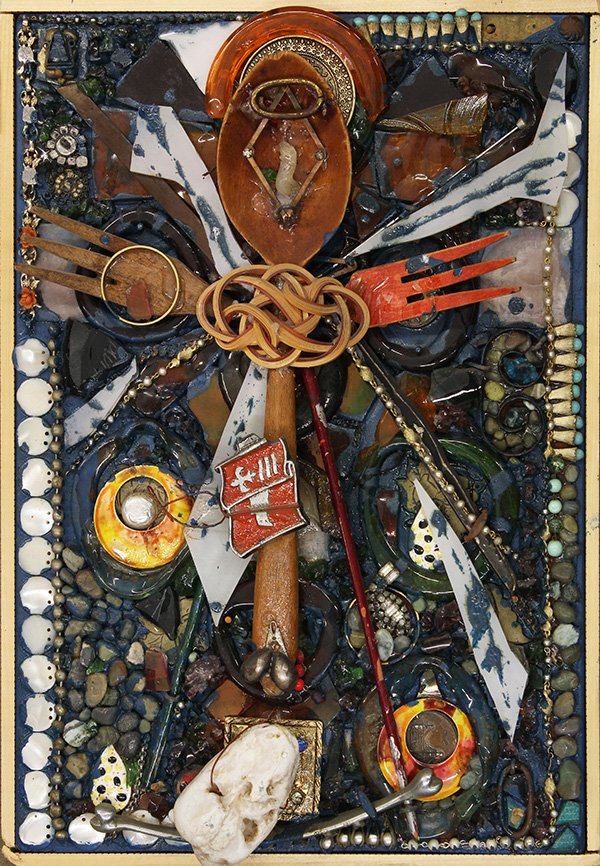 Assemblages by Jon Caver: (lot of 2) Jon Caver (American, 20th c.), The Crucifixion, 1973/74 and Portrait of a Woman, mixed media/Assembalges, accompanied by Galerie Huit, Paris and The Attic Gallery, San Francisco, CA, exhibi