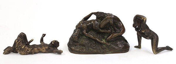 Erotic Sculpture by Jef Lambeaux and Nam Greb: (lot of 3) Jef Lambeaux (Belgian, 1852-1908), "L'extase," bronze sculpture signed on base, Nam Greb (Austrian, 1838-1894), The Excited Faun, and Nude Woman in Erotic Pose, bronze sculptures, the Faun