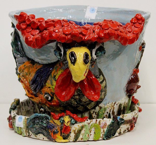 Ceramic Planter by Maija Peoples: Maija Peoples (American, Contemporary), hand-painted ceramic sculpture/outdoor planter, signed, overall: 13"h x 16"w x 19"d; Provenance: From the estate of Edward Gerber