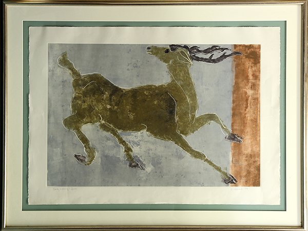 Print, Priscilla Hoback, Early Morning in June: Priscilla Hoback (American, b. 1939), "Early Morning in June," color etching, signed and dated in pencil lower right, titled in pencil lower left, overall (with frame): 38.75"h x 50.5"w