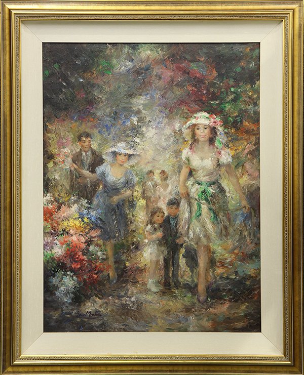 Painting, Eva Holusa Makk: Eva Holusa Makk (American/Ethiopian, b. 1933), "Forever Spring," oil on canvas, signed lower left, titled, signed and stamped verso, overall (with frame): 51"h x 40.75"w