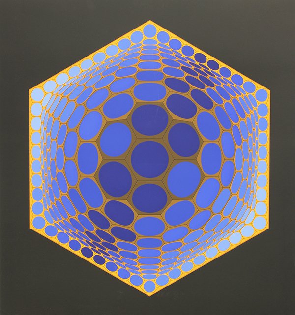 Print by Victor Vasarely: (lot of 3) Victor Vasarely (French/Hungarian, 1906-1997), Geometric Abstract in Green and Blue / Geometric Abstract in Pink and Blue / Geometric Abstract in Black, White and Green, screenprints, each 